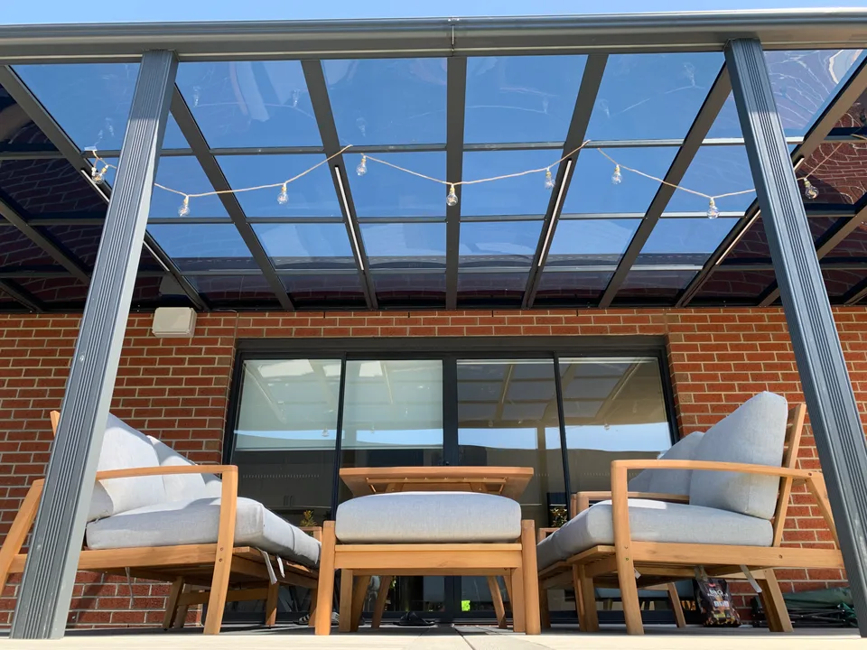 Front view of Clearview roof panels and supports beside the Keysborough living area