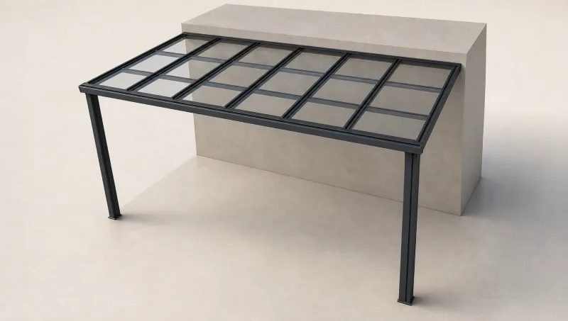 Illustrative Clearview roof configuration with transparent panels, supporting frame, front posts and gutter edge